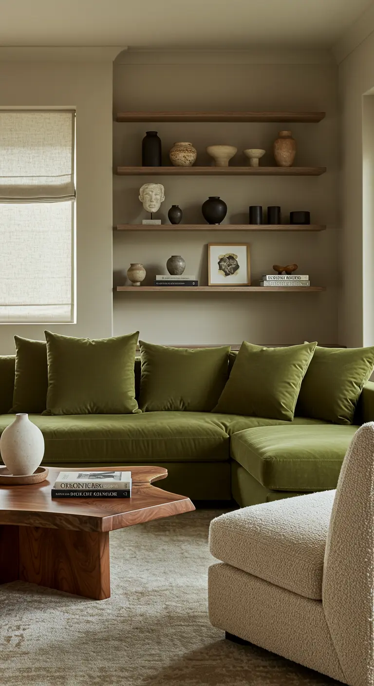 Salón moderno con un gran sofá esquinero de terciopelo verde olivo y muebles de madera.