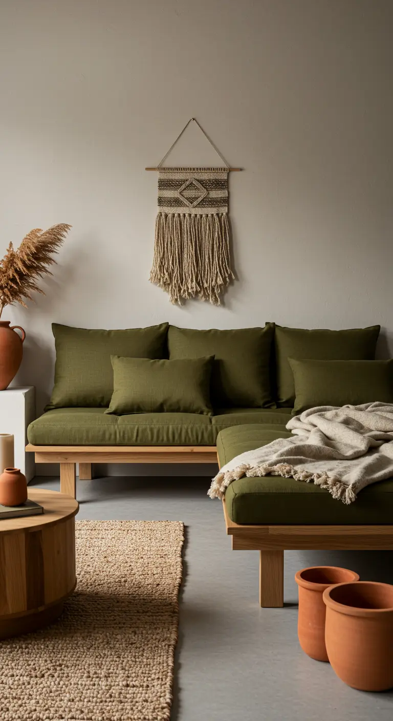 Sofá cama modular bajo de color verde olivo en un salón de estilo wabi-sabi con tapiz de macramé.