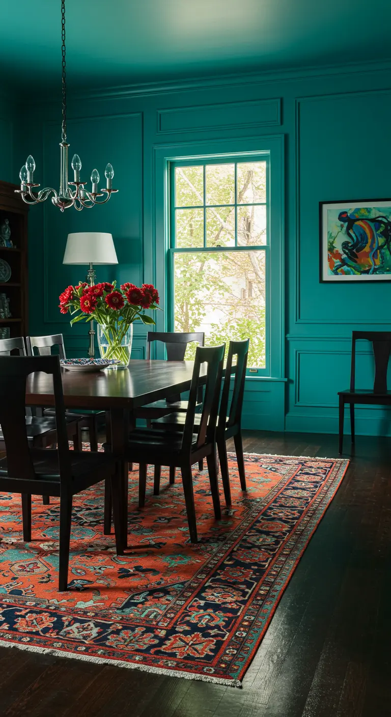 Comedor moderno con paredes verde petróleo, muebles oscuros y una colorida alfombra persa.