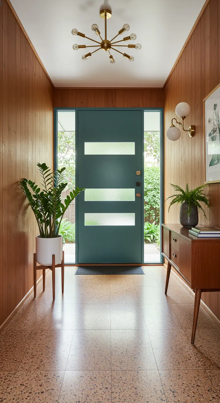 Recibidor Mid-Century con puerta verde petróleo, paredes de madera y suelo de terrazo.