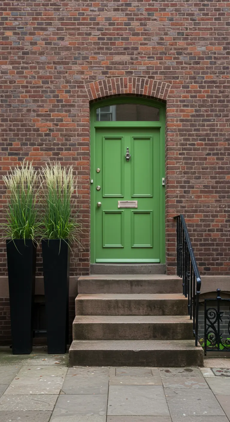 Puerta verde pradera en una fachada de ladrillo con macetas altas y modernas