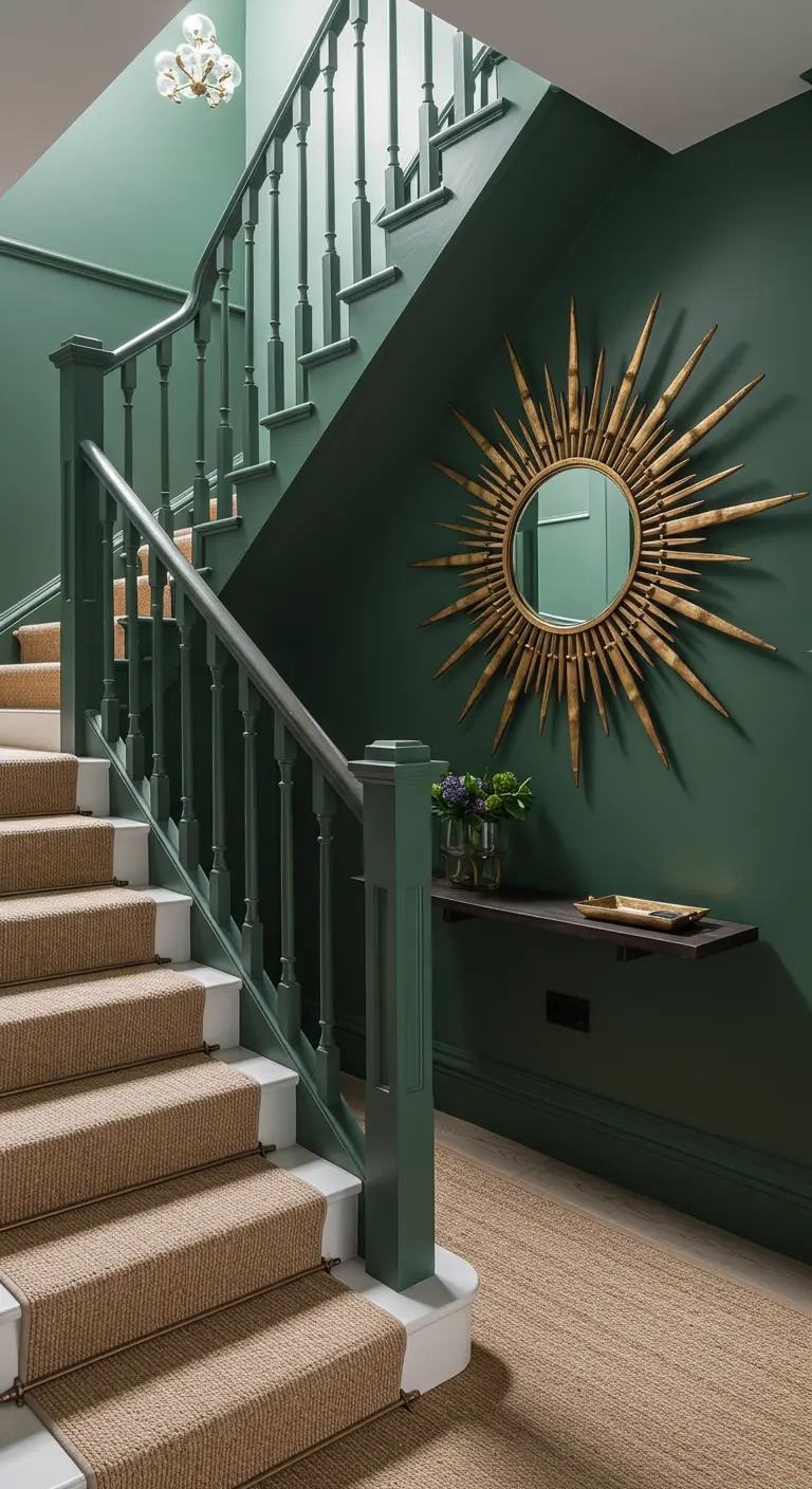 Escalera y pared pintadas de verde oscuro con un espejo de sol dorado como punto focal.