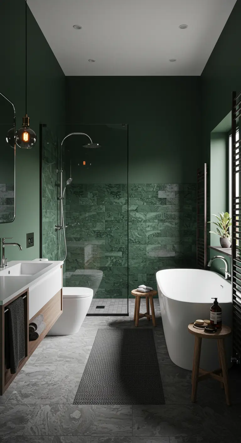 Baño moderno con paredes verde oscuro y mármol verde en la ducha.