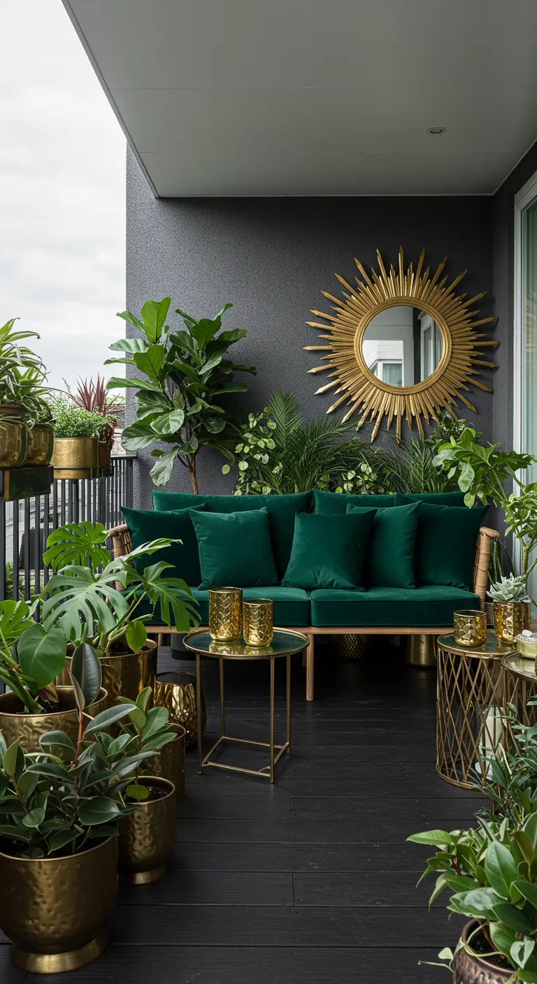 Balcón selvático con pared oscura, sofá de terciopelo verde, espejo sol dorado y abundantes plantas.