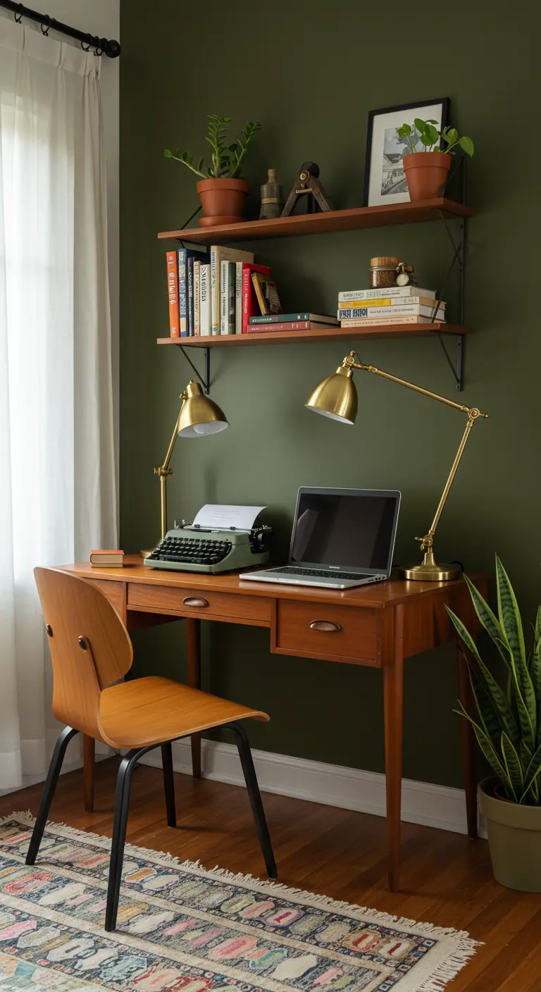 Rincón de estudio con pared verde oliva, escritorio de madera y lámparas de latón.