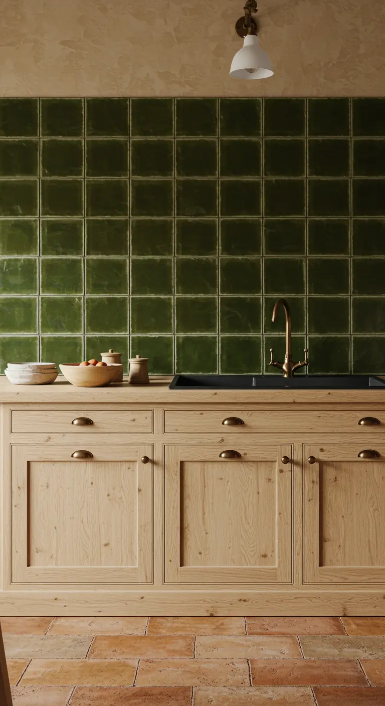 Detalle de una cocina rústica con salpicadero de azulejos cuadrados en verde brillante.