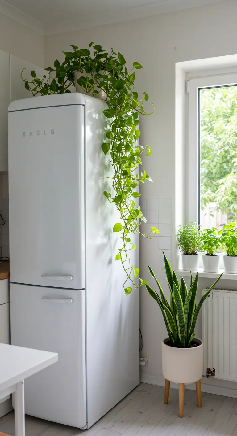 Planta trepadora colocada encima de un frigorífico blanco de estilo retro.