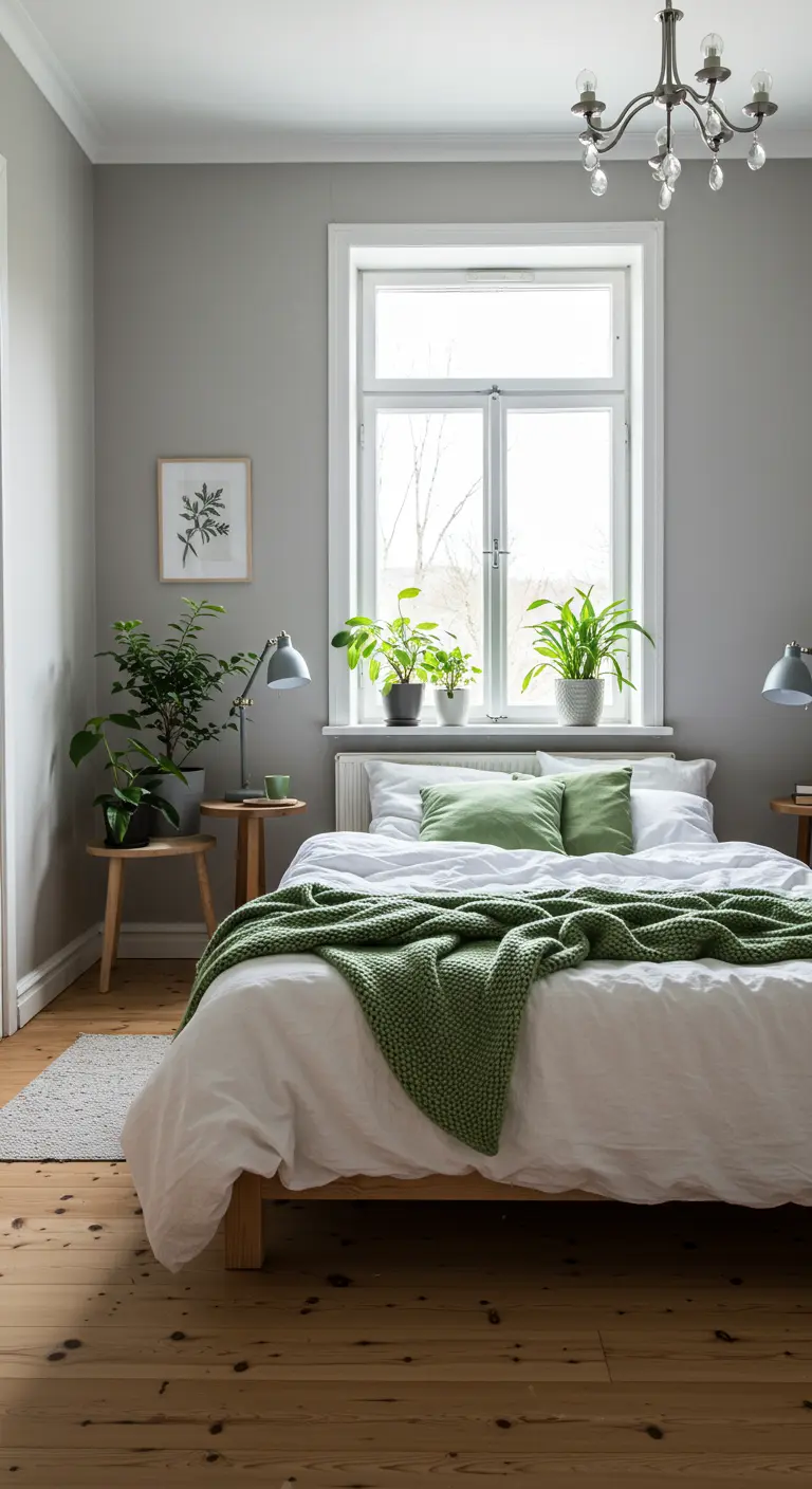 Dormitorio escandinavo con paredes grises, ropa de cama blanca y acentos en verde salvia.