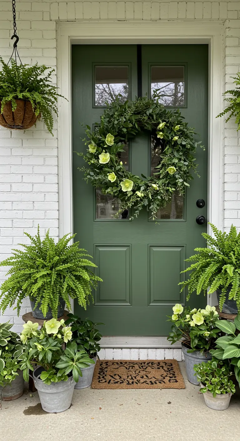 Puerta verde oscuro sobre una pared de ladrillo blanco, con corona y macetas llenas de diferentes tipos de helechos