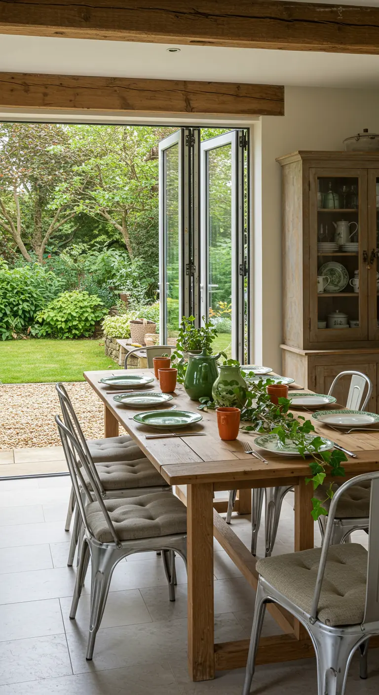 Comedor luminoso que da a un jardín, con sillas de metal y una colección de cerámica verde sobre la mesa.