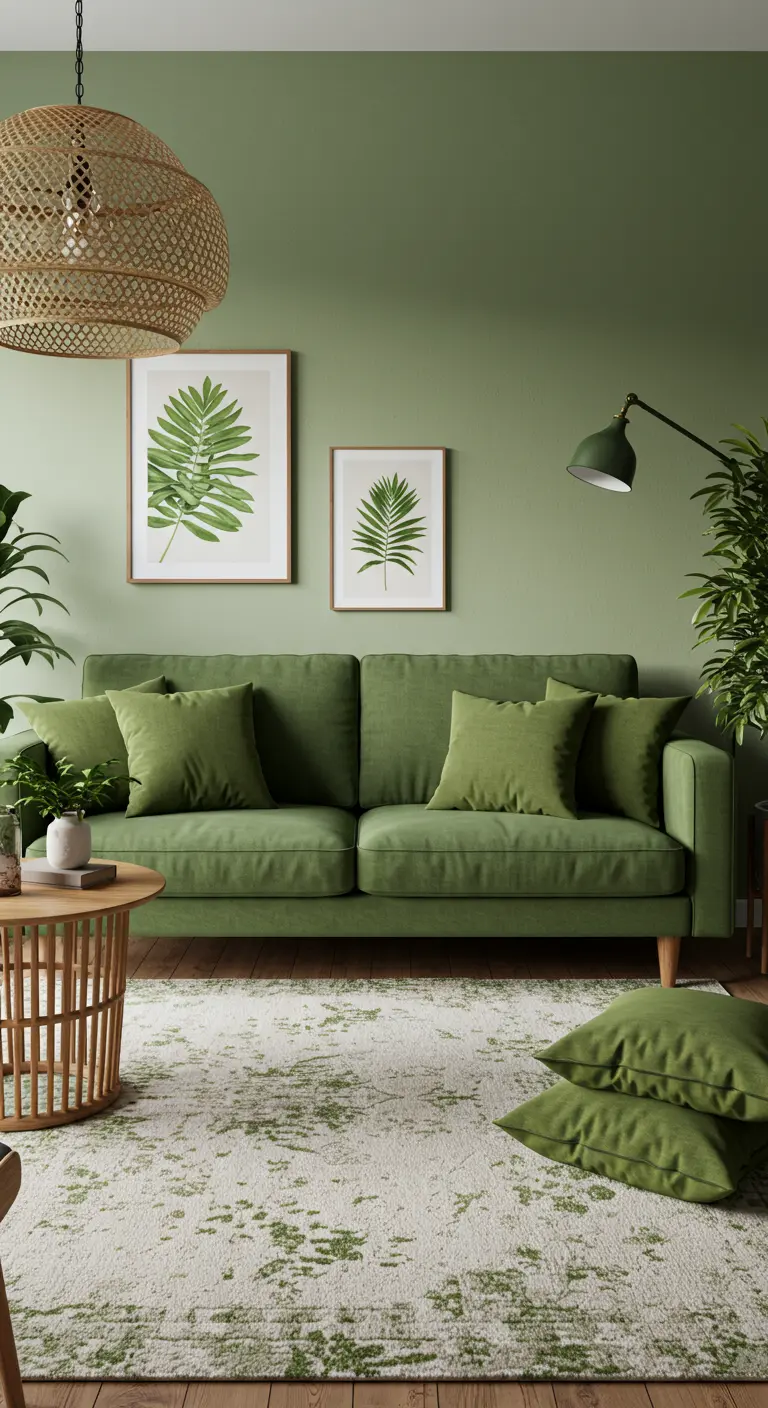 Sala de estar monocromática en tonos verde salvia, con sofá y paredes a juego.