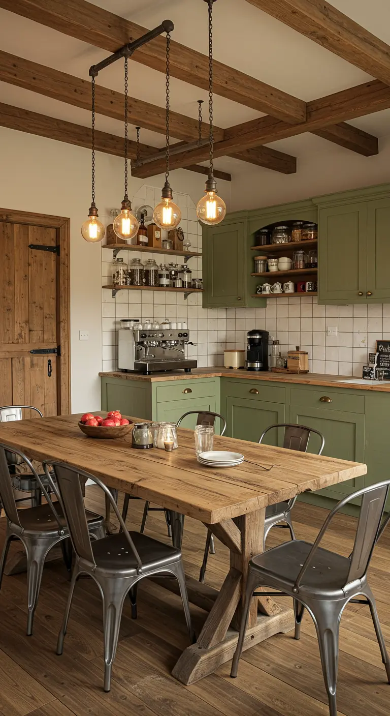 Comedor de cocina rústico con gabinetes verdes, mesa de madera maciza y sillas metálicas.