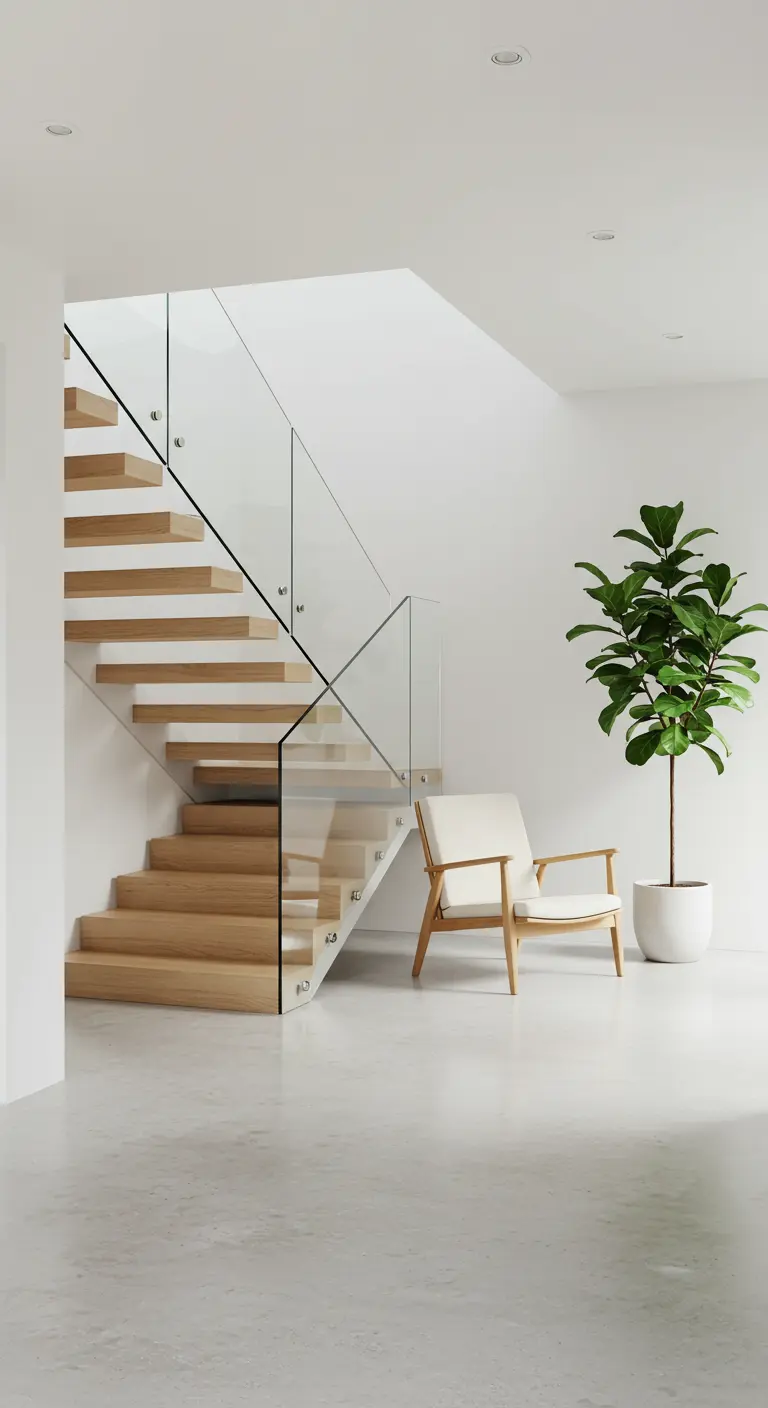 Escalera de madera clara con barandilla de cristal y una planta alta en un recibidor blanco.
