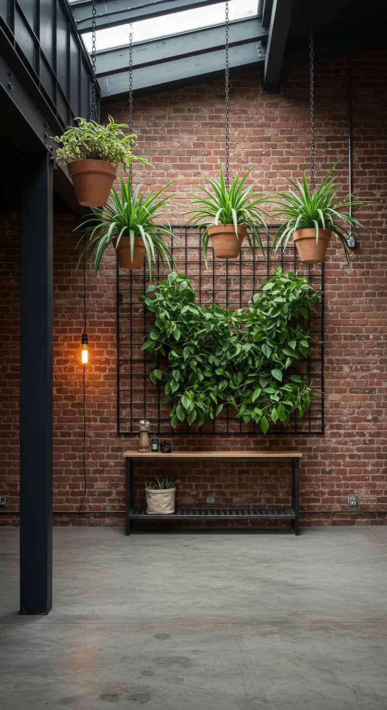 Entrada industrial con pared de ladrillo, enrejado metálico con plantas trepadoras y macetas colgantes.