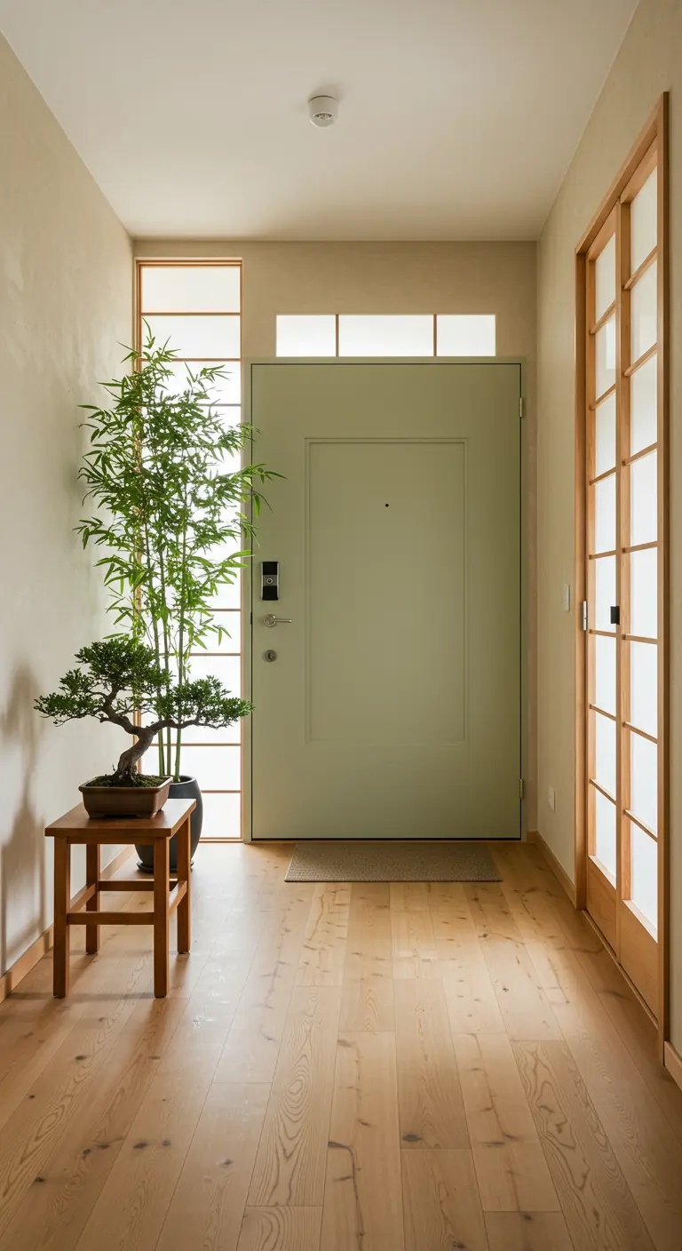 Entrada de estilo japonés con puerta verde salvia, bambú y un bonsái.