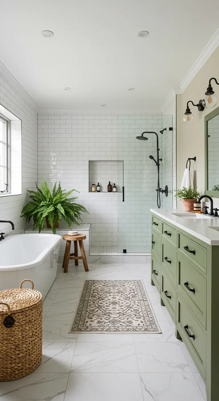 Baño con mueble verde salvia, azulejos blancos tipo metro y helecho decorativo.