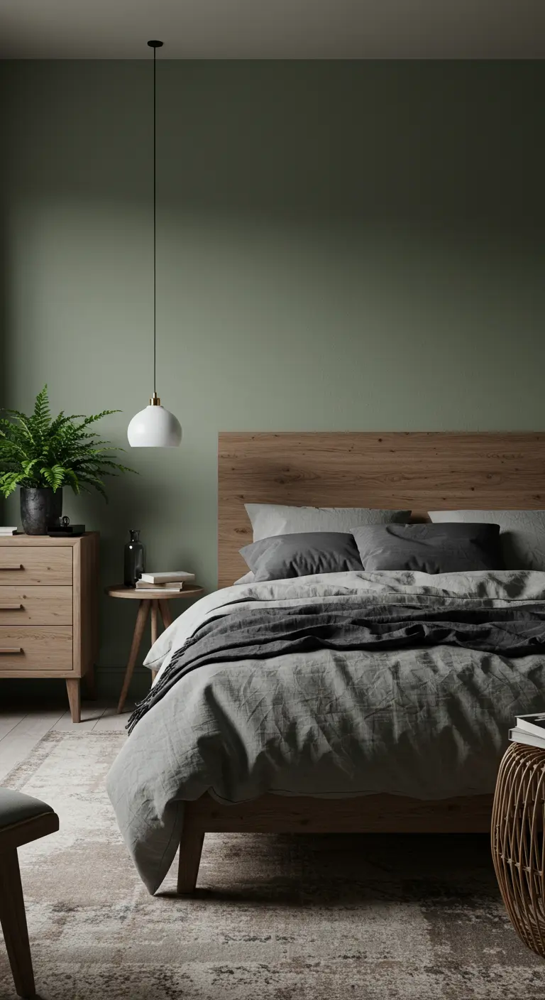 Dormitorio con pared verde salvia, cama y mesita de noche de madera de roble.