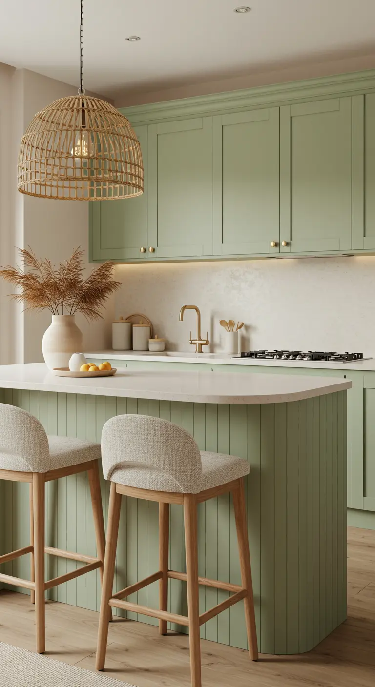 Cocina elegante en color verde salvia con una isla de listones y taburetes tapizados.