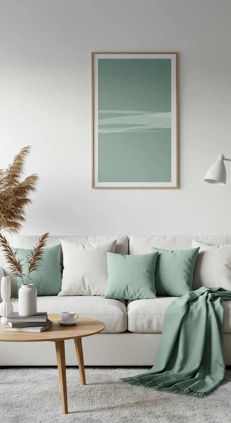 Sofá blanco con cojines y manta en color verde salvia, a juego con un cuadro