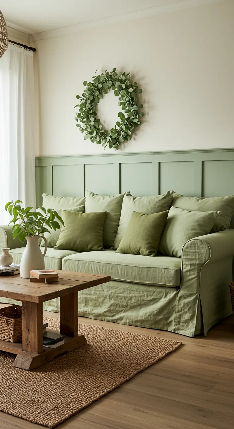 Sala de estar estilo farmhouse en verde salvia con sofá de lino y pared con listones.