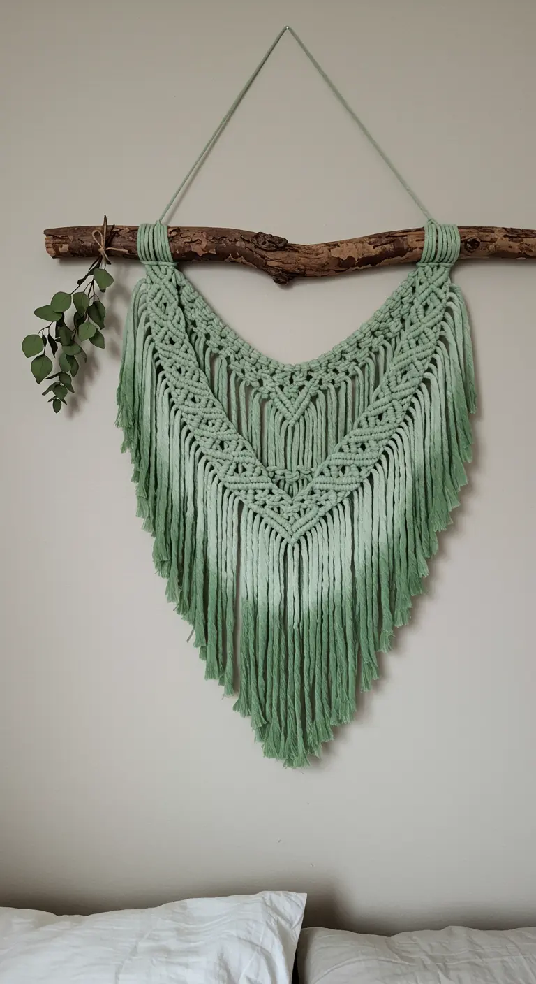 Tapiz de macramé teñido con un degradado en color verde salvia, con una rama de eucalipto decorativa.