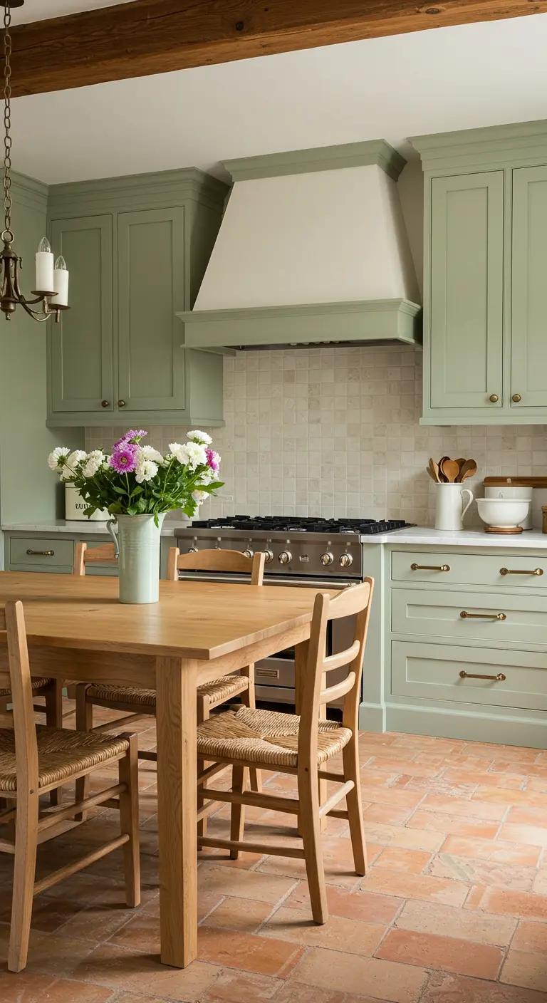 Cocina de estilo campestre con armarios de color verde salvia, mesa de madera y suelo de terracota.
