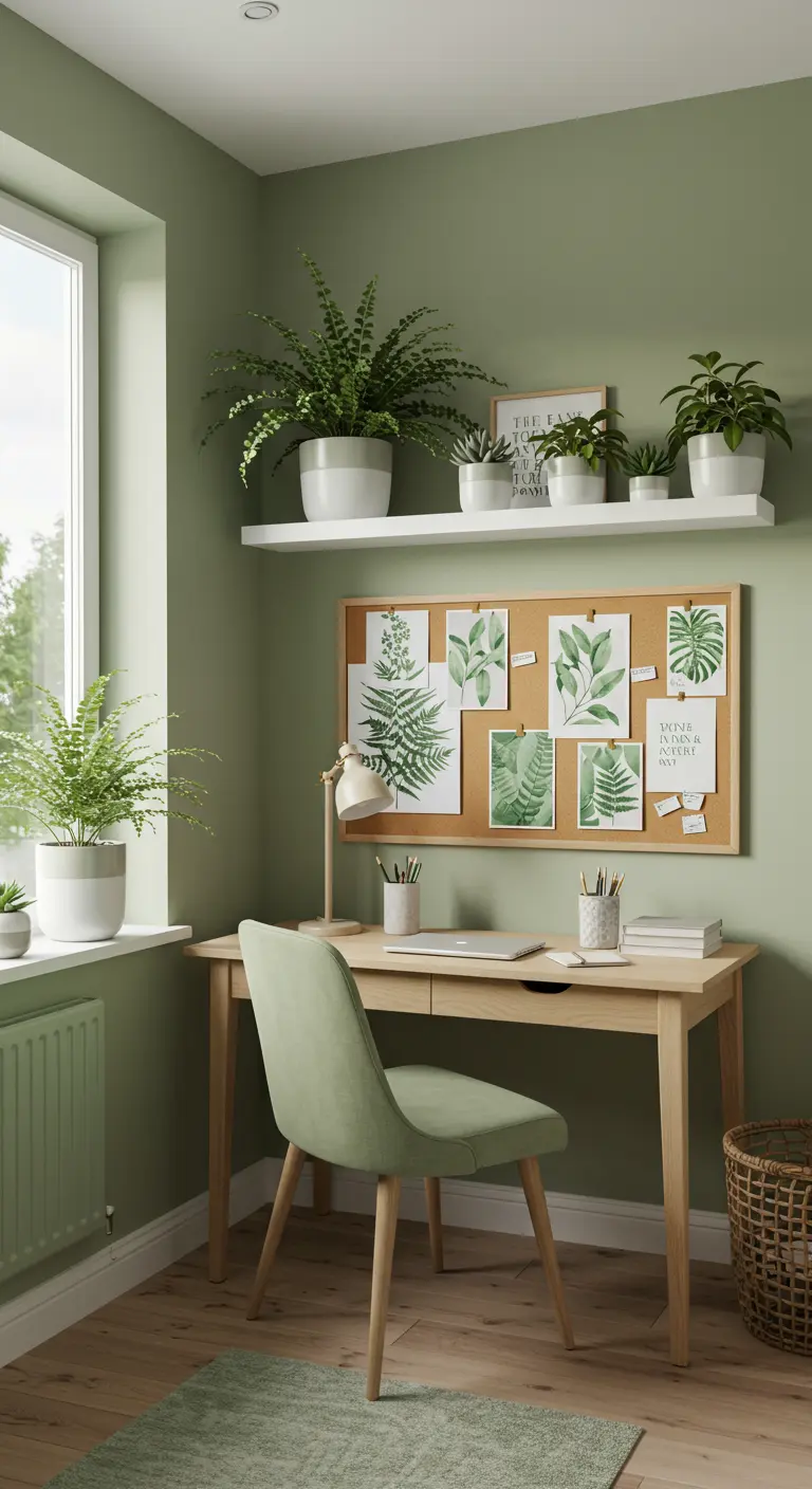 Rincón de estudio en verde salvia con plantas, tablero de corcho y escritorio de madera clara.