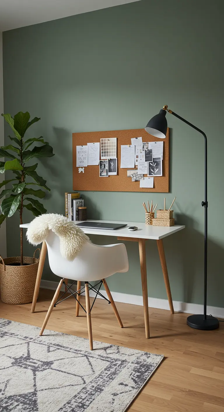 Oficina en casa minimalista con pared verde salvia, tablero de corcho y silla blanca.