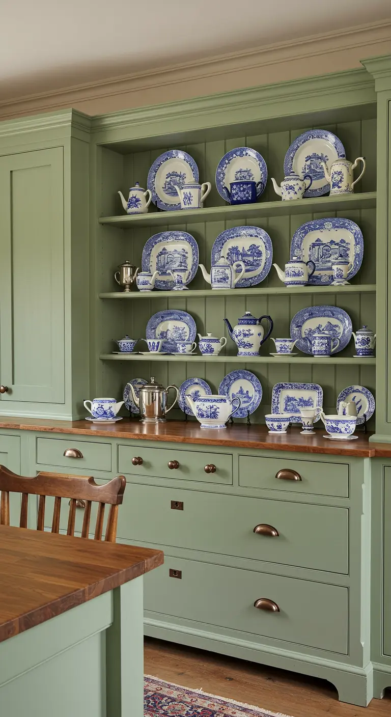 Gran mueble de cocina de color verde salvia con estanterías abiertas que muestran una colección de loza azul y blanca.