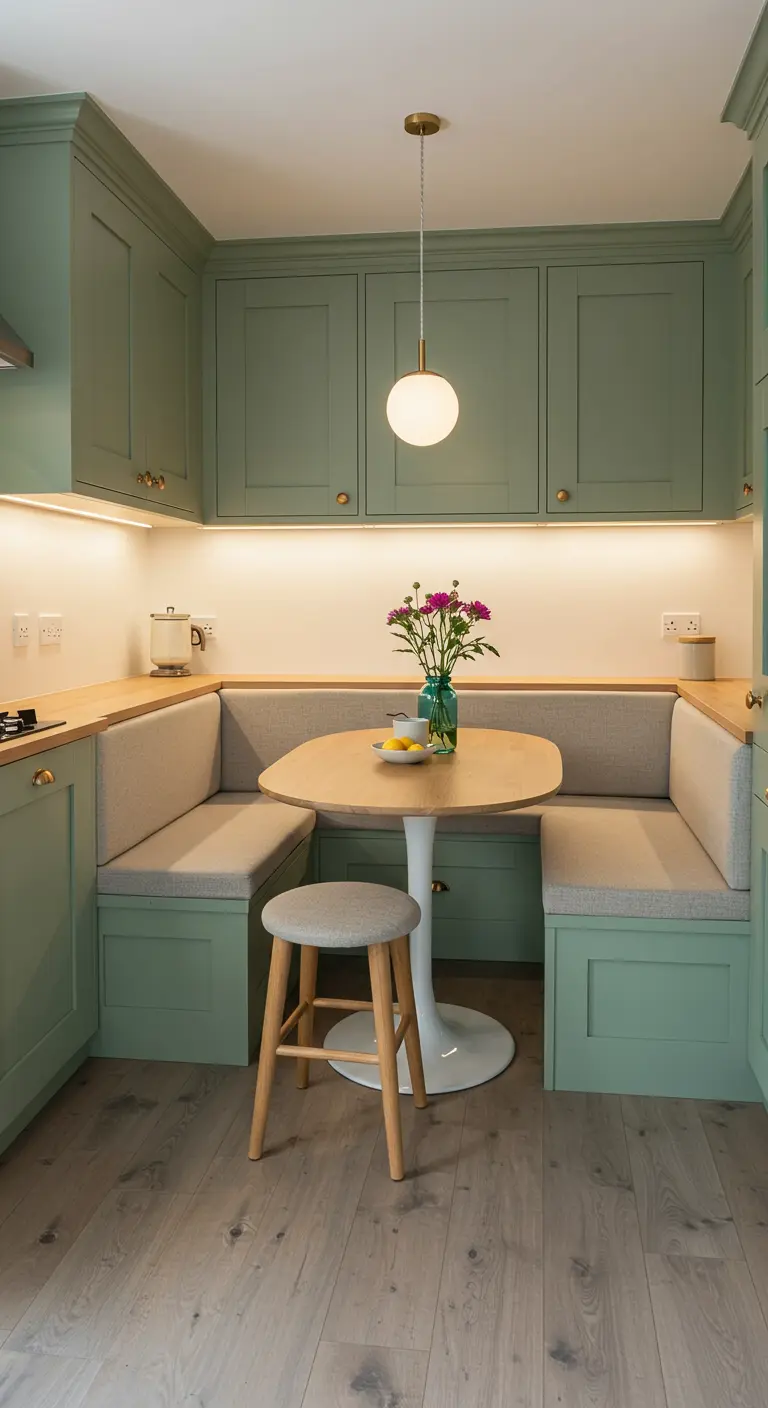 Cocina con banco esquinero integrado en gabinetes color verde salvia y cojines a juego.