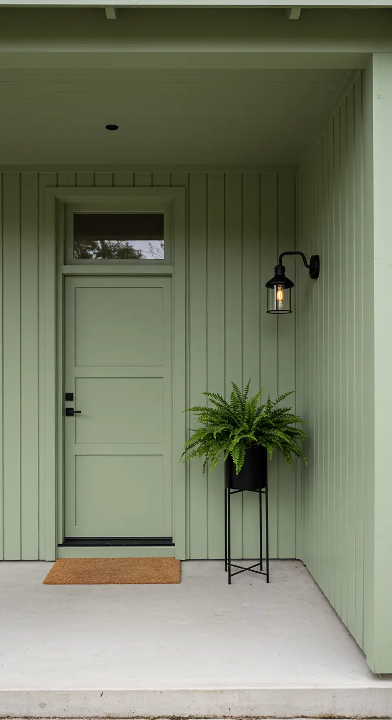 Porche minimalista en verde salvia con un farol negro y un helecho en un macetero alto con patas