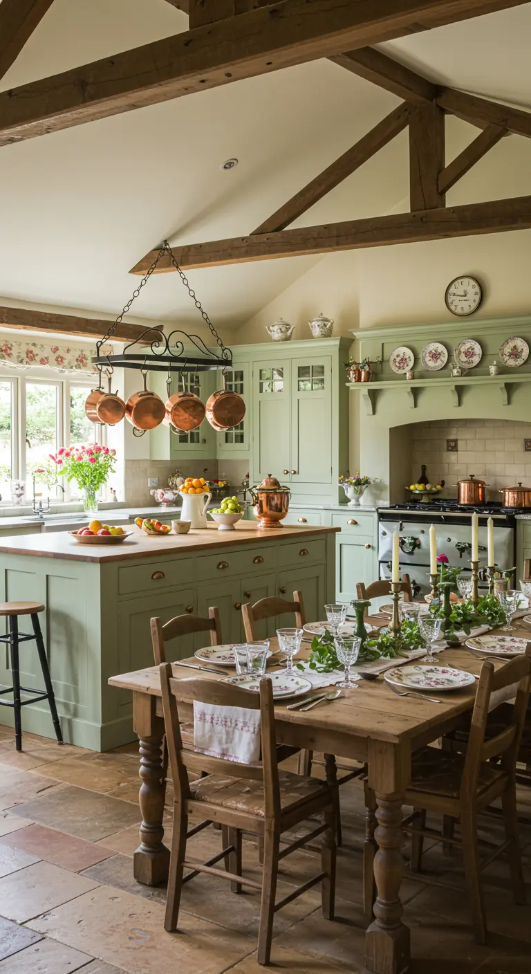 Amplia cocina cottage verde salvia con vigas de madera, ollas de cobre colgantes y mesa rústica.