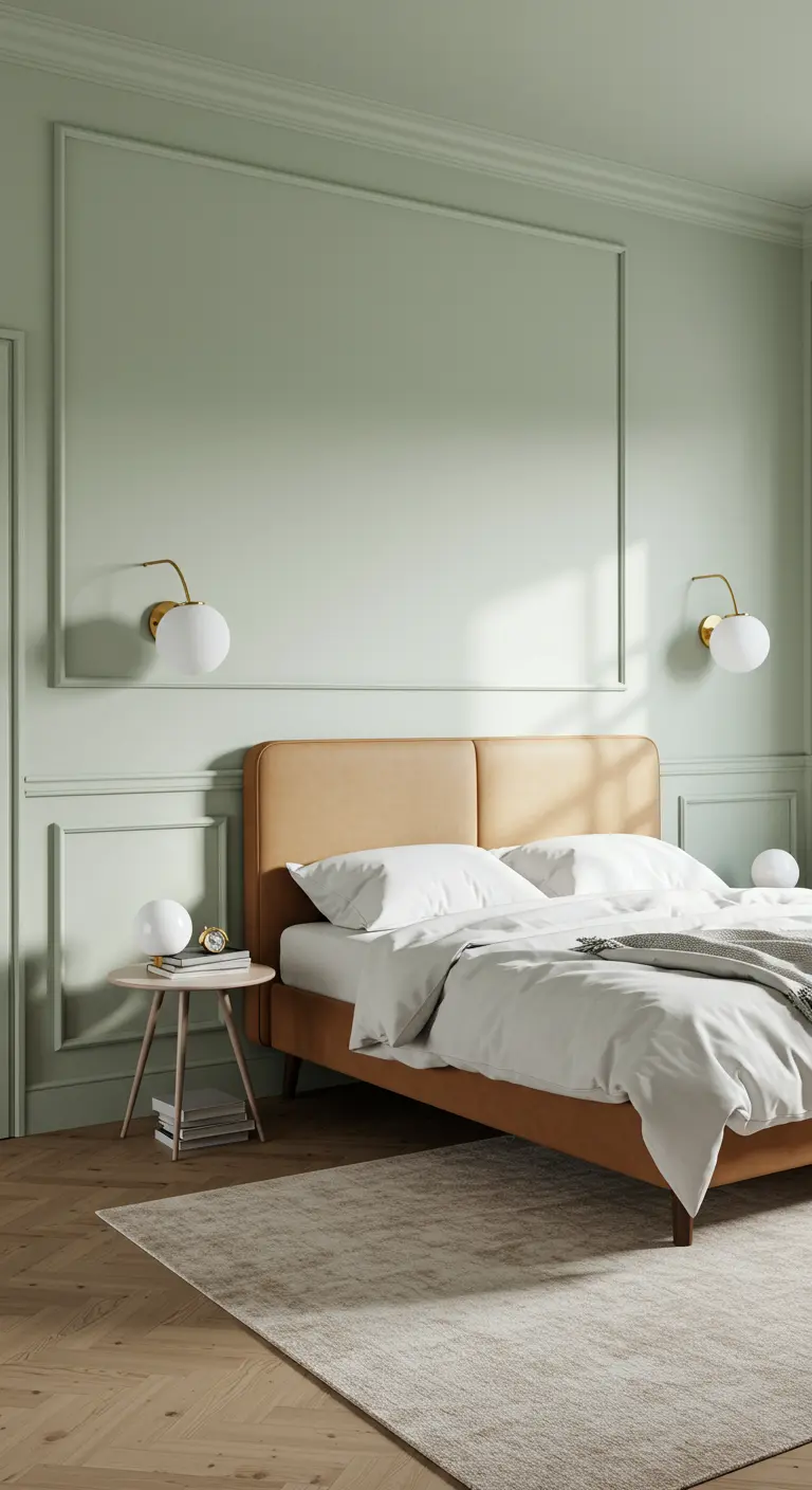 Dormitorio con paredes verde salvia con molduras, cama con cabecero de cuero y apliques dorados.