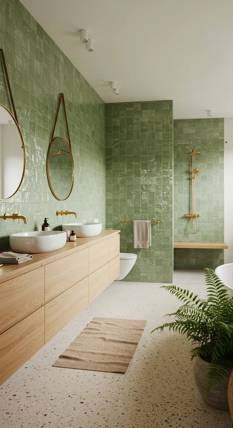 Baño con paredes de azulejo verde salvia, mueble de madera y grifería dorada.
