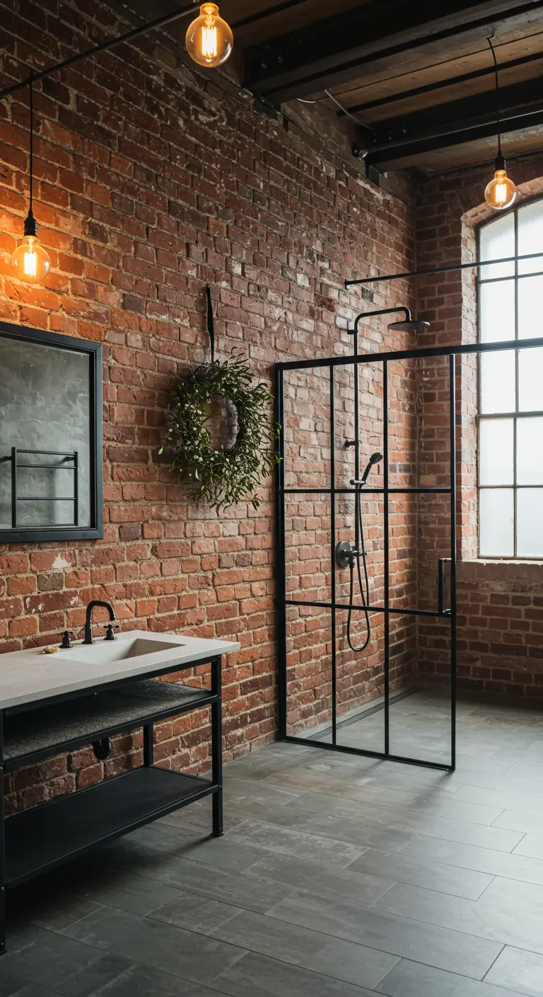 Baño industrial con pared de ladrillo visto y una corona de eucalipto colgada.