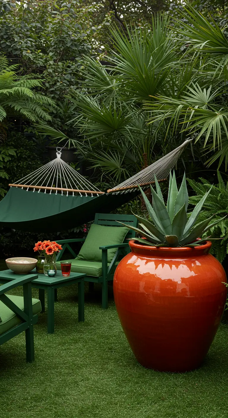 Jardín con muebles y hamacas verdes y una gran maceta de terracota con un agave.