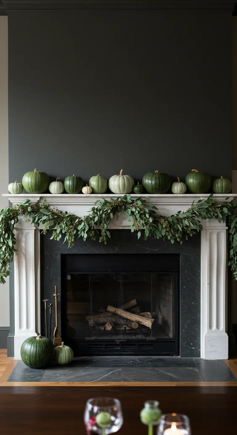 Chimenea blanca y negra contra una pared oscura, decorada exclusivamente con calabazas y eucalipto verdes.