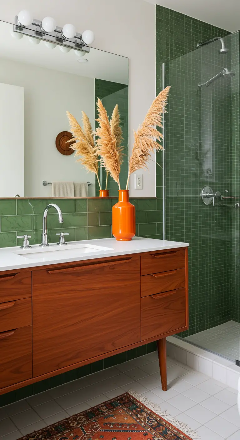 Baño con azulejos verdes, mueble de madera y un jarrón naranja con hierba de la pampa.