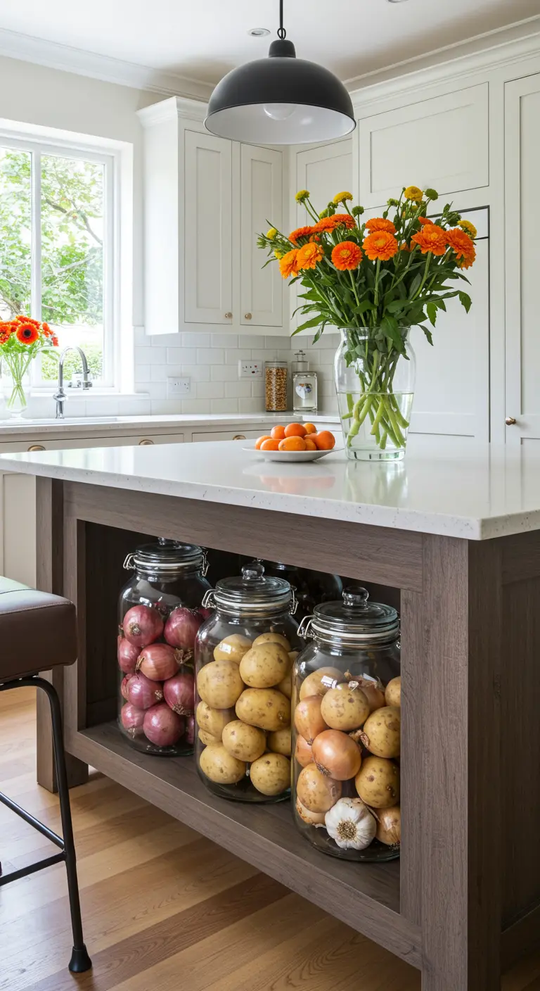 Frascos de vidrio de gran tamaño llenos de patatas, cebollas y ajos bajo una isla de cocina.