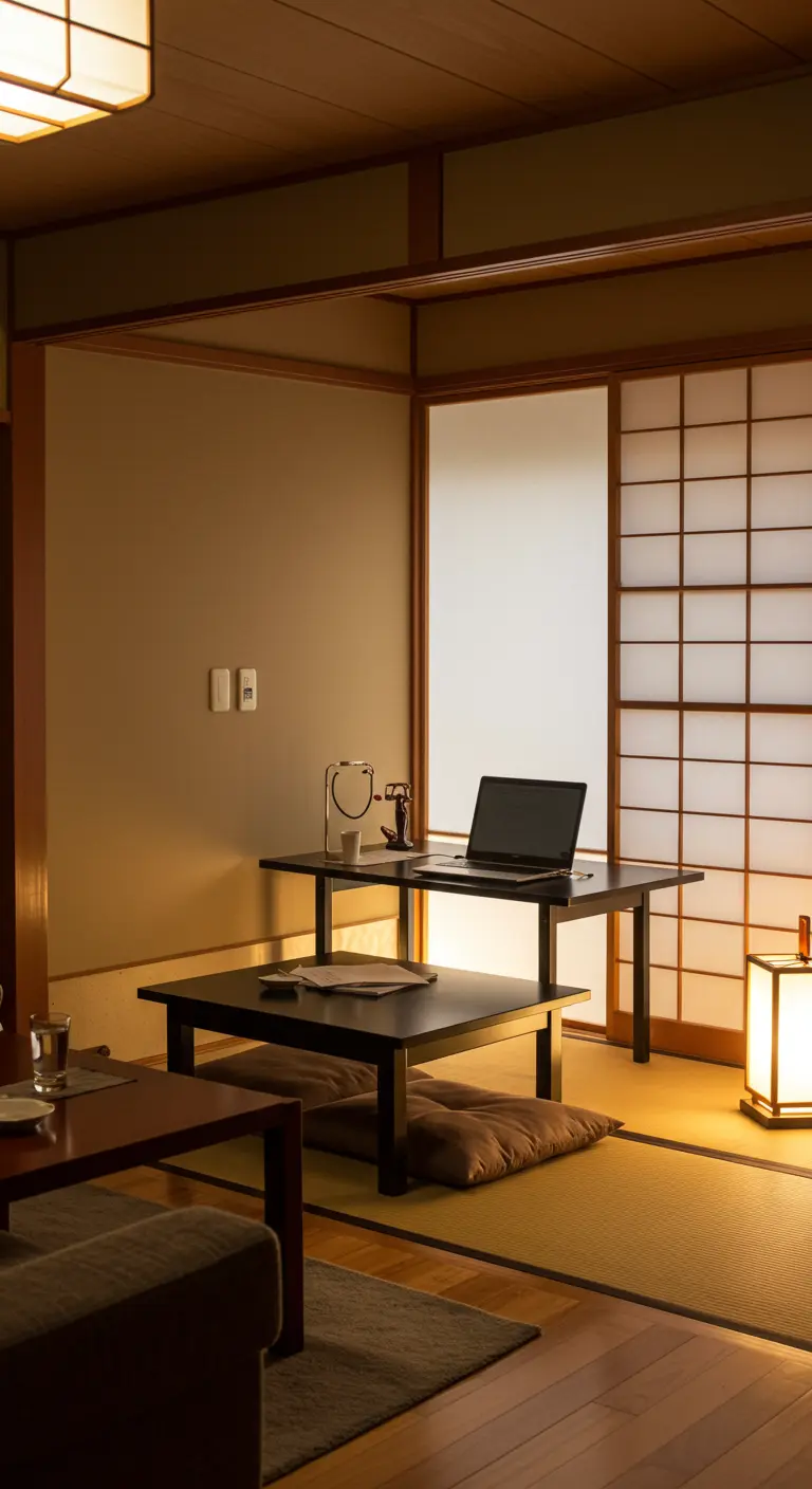 Estudio de estilo japonés con mesas bajas, puertas correderas shoji y luz cálida