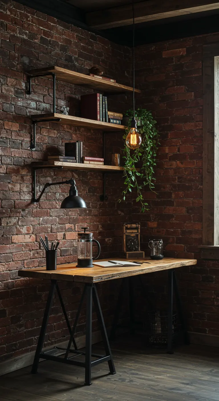 Escritorio industrial con pared de ladrillo, estanterías de tubería y planta colgante.