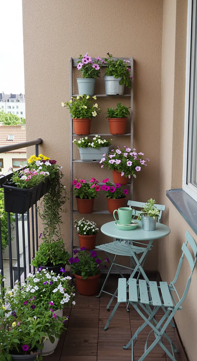 Estantería de escalera estrecha en un balcón pequeño con flores de colores y una mesita.