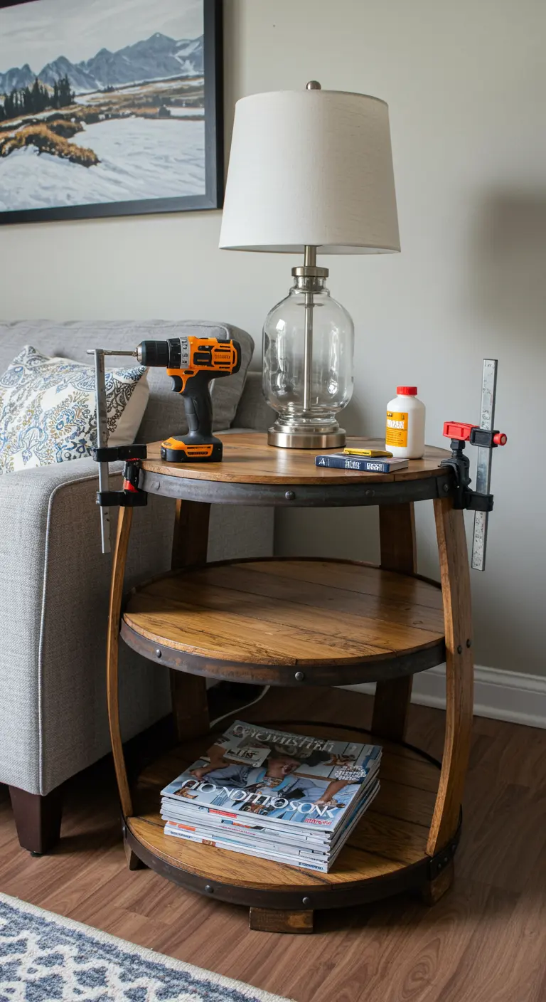Mesa auxiliar de varios niveles hecha con las duelas y aros de un barril de madera desmontado