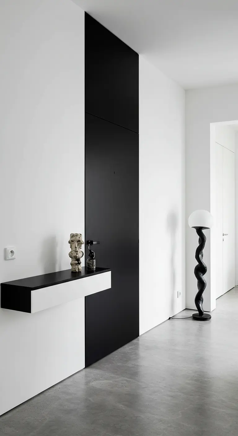 Entrada minimalista con una franja vertical negra que integra la puerta en una pared blanca.