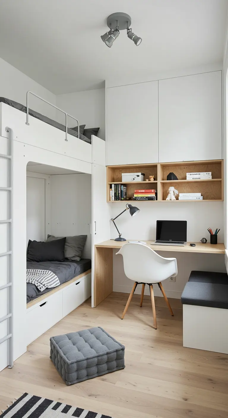 Litera blanca con cama inferior, escritorio integrado y estantes de madera.