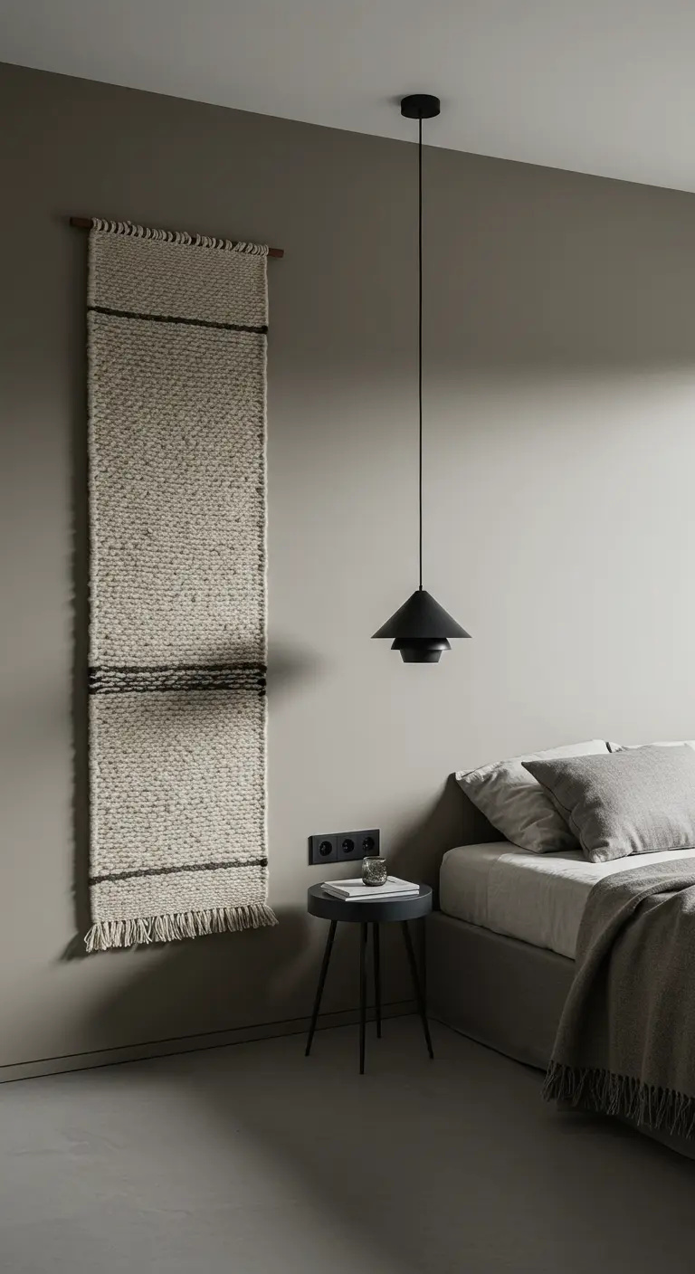 Dormitorio minimalista con un tapiz largo y estrecho colgado en la pared al lado de la cama.