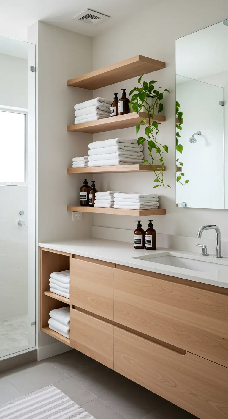 Mueble de baño de madera con estanterías flotantes a juego y una planta colgante.