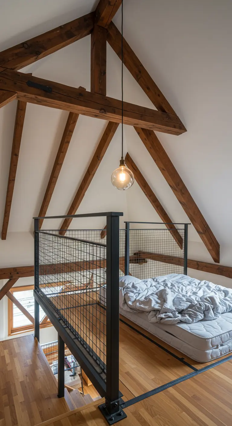 Cama en un altillo de madera con vigas expuestas y barandilla metálica