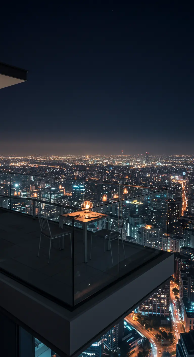 Mesa para dos en una azotea con barandillas de cristal y vistas nocturnas de una gran ciudad.