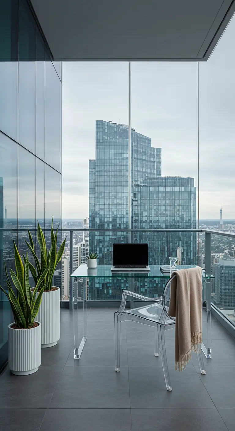 Oficina en un rascacielos con escritorio de cristal, silla transparente y vistas a la ciudad.